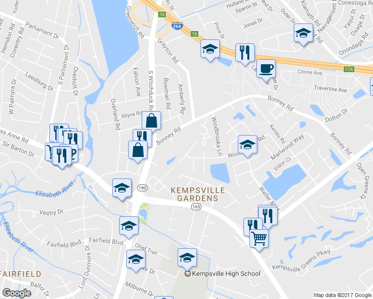 map of restaurants, bars, coffee shops, grocery stores, and more near 235 Mannings Lane in Virginia Beach