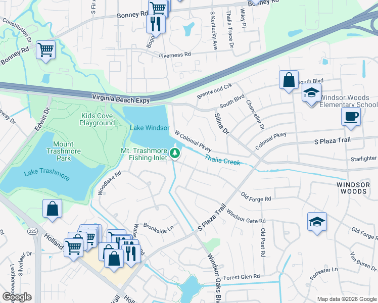 map of restaurants, bars, coffee shops, grocery stores, and more near 4021 West Colonial Parkway in Virginia Beach