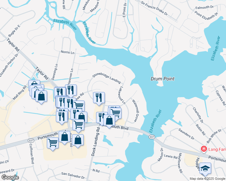 map of restaurants, bars, coffee shops, grocery stores, and more near 4204 Stonebridge Landing in Chesapeake