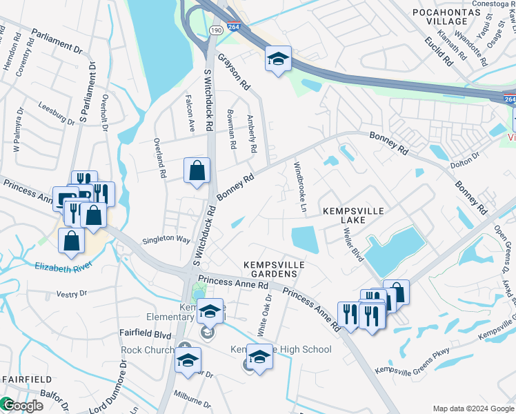 map of restaurants, bars, coffee shops, grocery stores, and more near 235 Mannings Lane in Virginia Beach