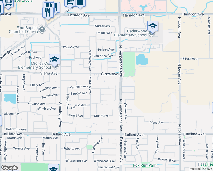 map of restaurants, bars, coffee shops, grocery stores, and more near 139 Kelley Court in Clovis