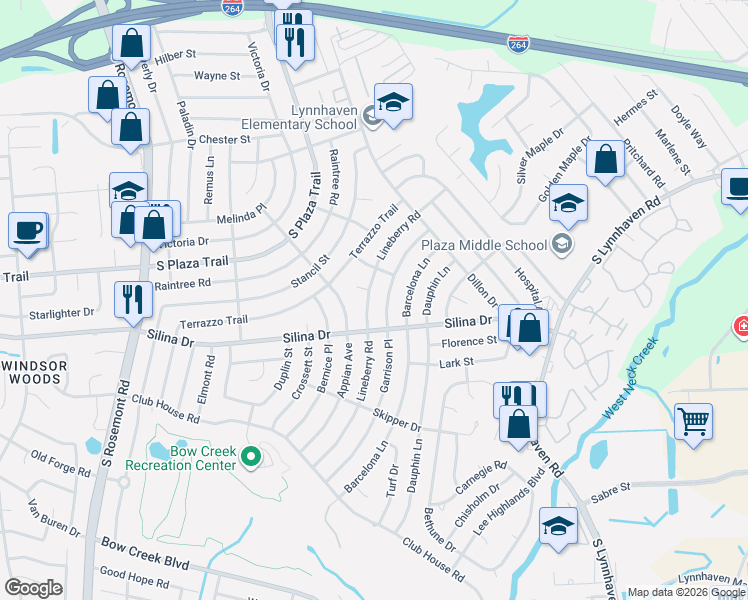 map of restaurants, bars, coffee shops, grocery stores, and more near 349 Lineberry Road in Virginia Beach