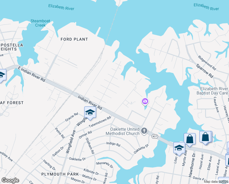 map of restaurants, bars, coffee shops, grocery stores, and more near 2992 Springfield Avenue in Chesapeake