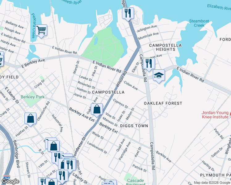 map of restaurants, bars, coffee shops, grocery stores, and more near in Norfolk
