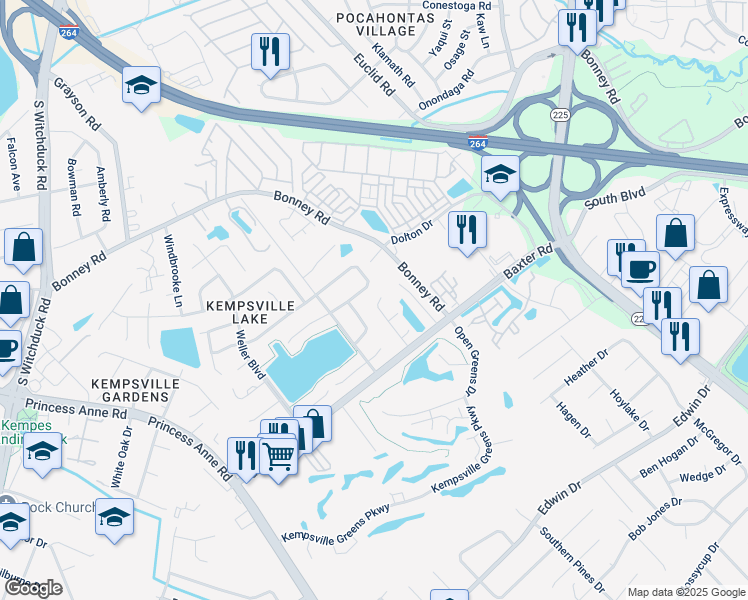 map of restaurants, bars, coffee shops, grocery stores, and more near 405 Greenview Drive in Virginia Beach