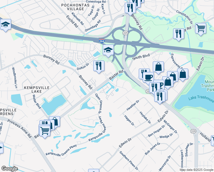 map of restaurants, bars, coffee shops, grocery stores, and more near 4710 Goldeneye Court in Virginia Beach