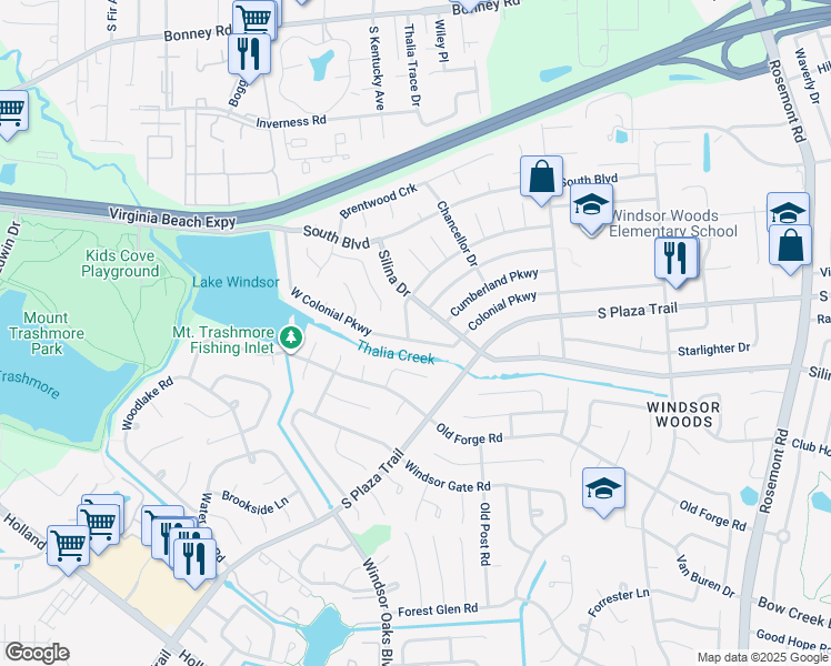 map of restaurants, bars, coffee shops, grocery stores, and more near 3920 West Colonial Parkway in Virginia Beach