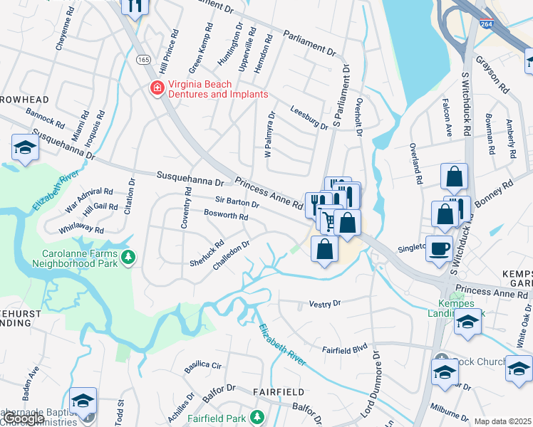 map of restaurants, bars, coffee shops, grocery stores, and more near 5337 Sir Barton Drive in Virginia Beach