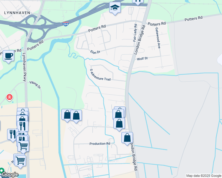 map of restaurants, bars, coffee shops, grocery stores, and more near 2421 Bullock Trail in Virginia Beach