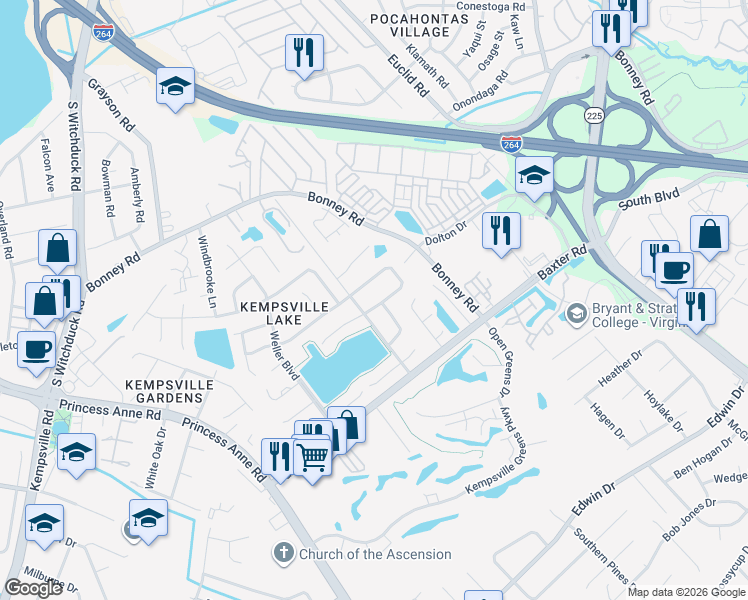map of restaurants, bars, coffee shops, grocery stores, and more near 4624 Marlwood Way in Virginia Beach