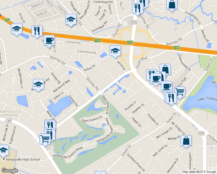 map of restaurants, bars, coffee shops, grocery stores, and more near 400 Babbling Brook Drive in Virginia Beach