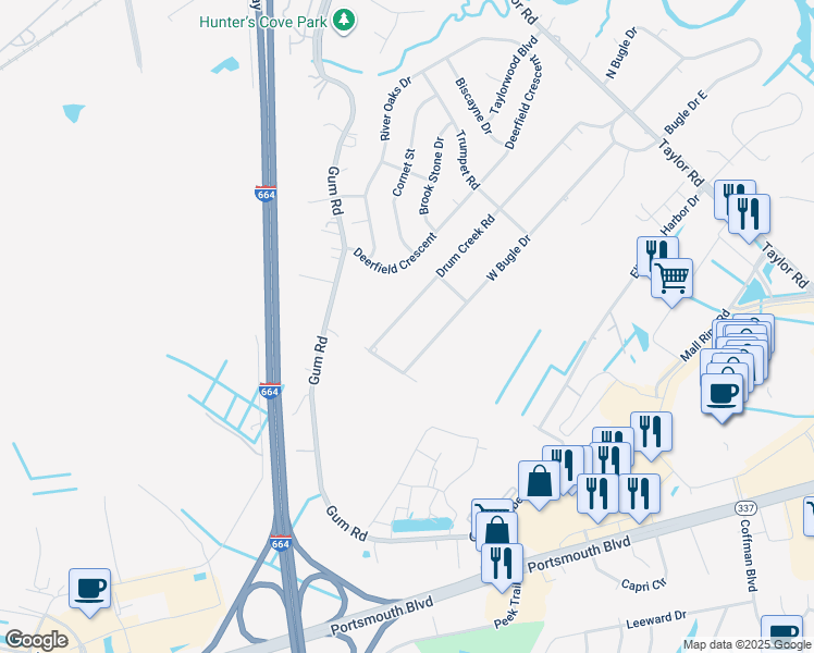 map of restaurants, bars, coffee shops, grocery stores, and more near 2543 Drum Creek Road in Chesapeake