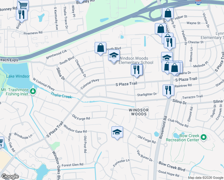 map of restaurants, bars, coffee shops, grocery stores, and more near 3768 South Plaza Trail in Virginia Beach