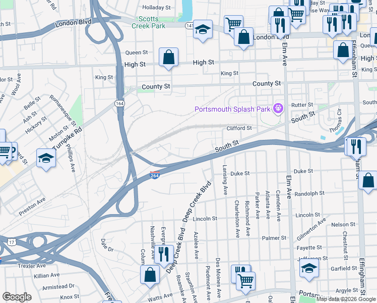 map of restaurants, bars, coffee shops, grocery stores, and more near 2212 Rose Avenue in Portsmouth