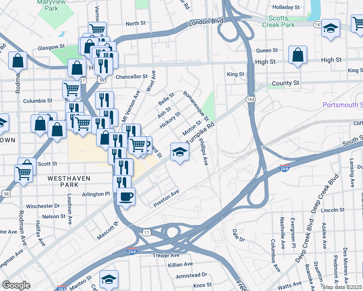 map of restaurants, bars, coffee shops, grocery stores, and more near 2700 Turnpike Road in Portsmouth
