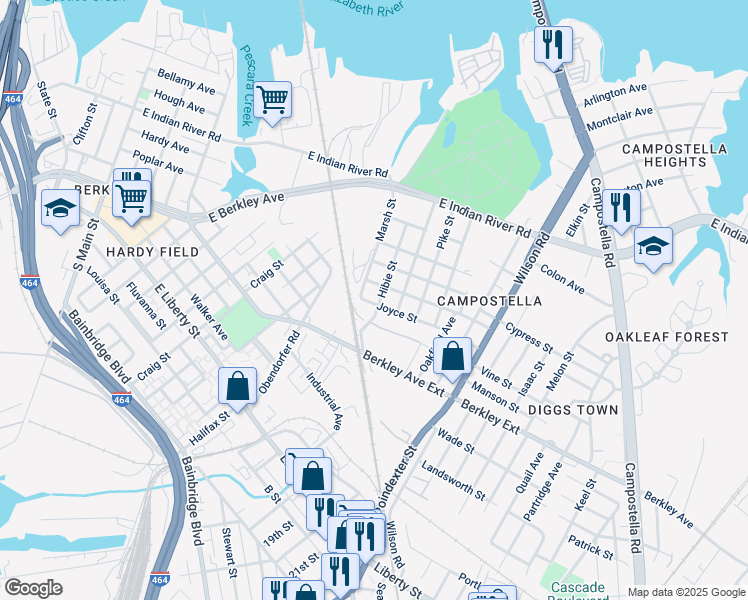 map of restaurants, bars, coffee shops, grocery stores, and more near 1513 Hibie Street in Norfolk