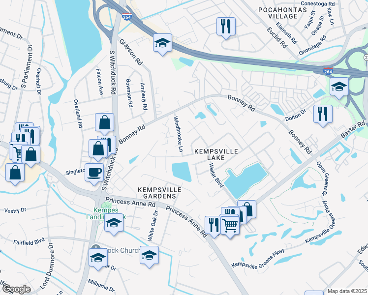 map of restaurants, bars, coffee shops, grocery stores, and more near 4823 Bayshire Court in Virginia Beach