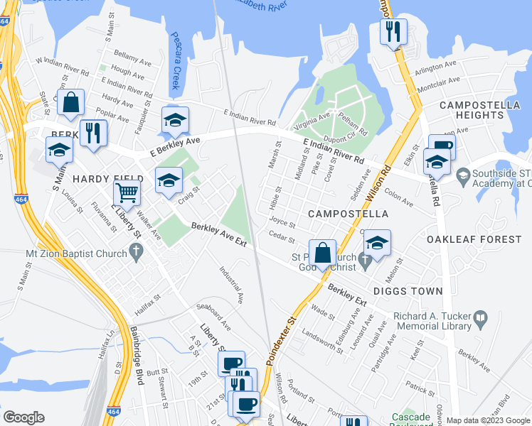 map of restaurants, bars, coffee shops, grocery stores, and more near 1513 Hibie Street in Norfolk