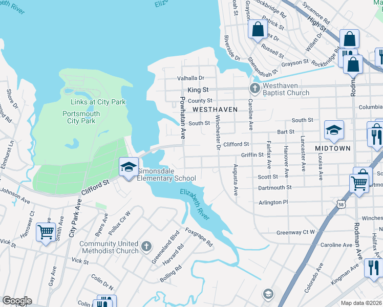 map of restaurants, bars, coffee shops, grocery stores, and more near 4582 Clifford Street in Portsmouth