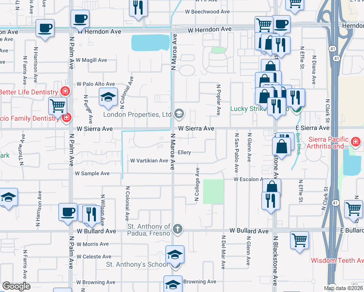 map of restaurants, bars, coffee shops, grocery stores, and more near 6338 North Maroa Avenue in Fresno