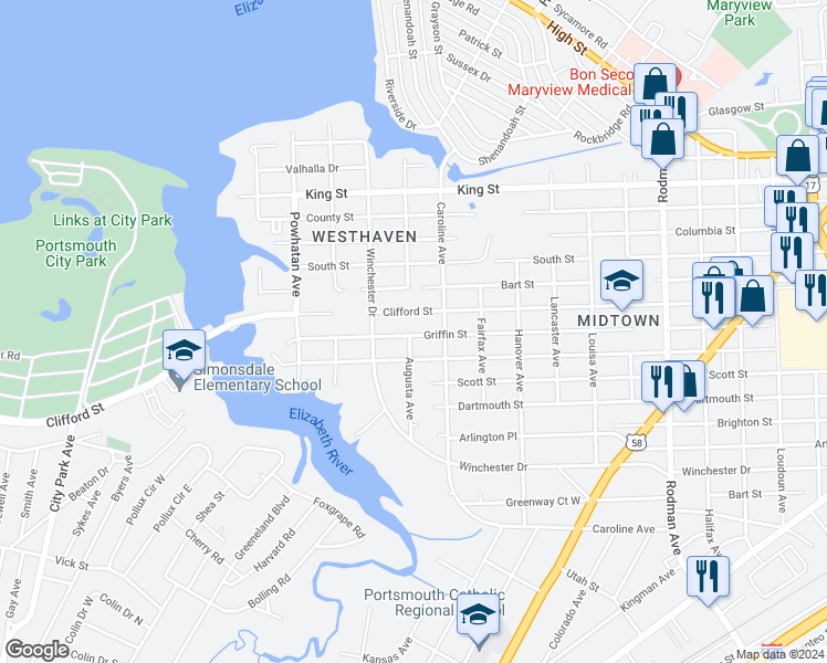 map of restaurants, bars, coffee shops, grocery stores, and more near 4316 Griffin Street in Portsmouth