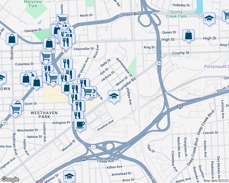 map of restaurants, bars, coffee shops, grocery stores, and more near 2700 Turnpike Road in Portsmouth