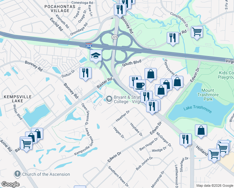 map of restaurants, bars, coffee shops, grocery stores, and more near 300 Centre Pointe Drive in Virginia Beach