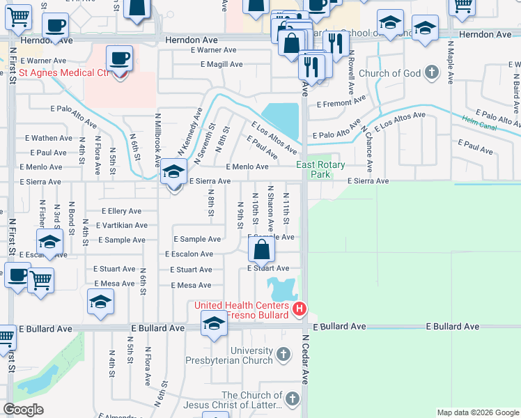 map of restaurants, bars, coffee shops, grocery stores, and more near 6366 North 10th Street in Fresno