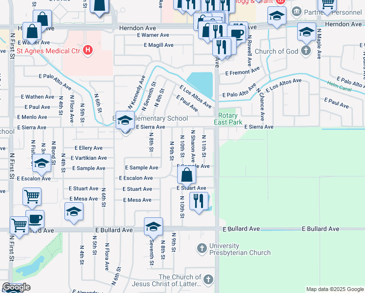 map of restaurants, bars, coffee shops, grocery stores, and more near 6366 North 10th Street in Fresno