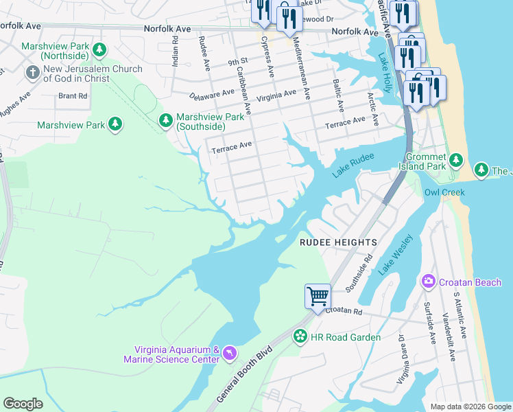 map of restaurants, bars, coffee shops, grocery stores, and more near 101 Caribbean Avenue in Virginia Beach