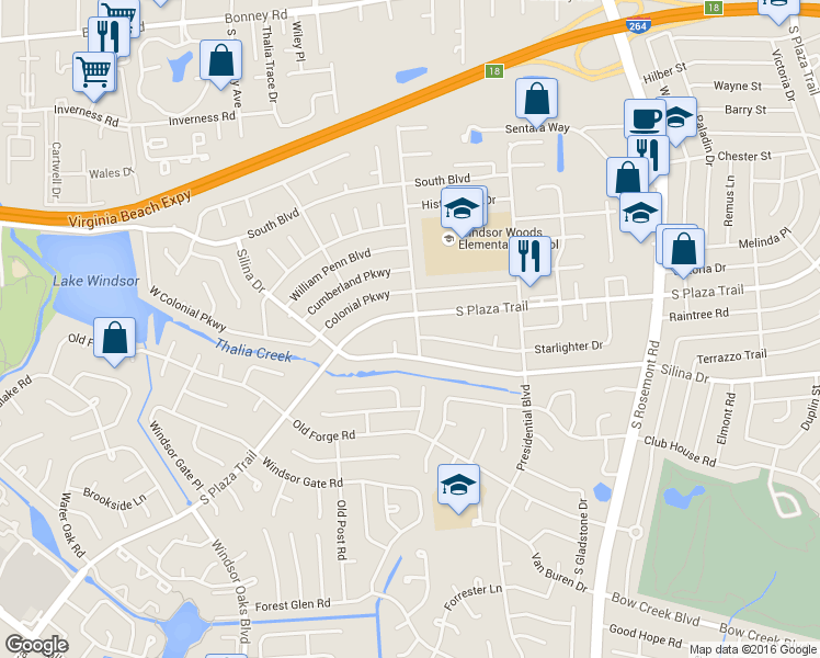 map of restaurants, bars, coffee shops, grocery stores, and more near 3804 South Plaza Trail in Virginia Beach