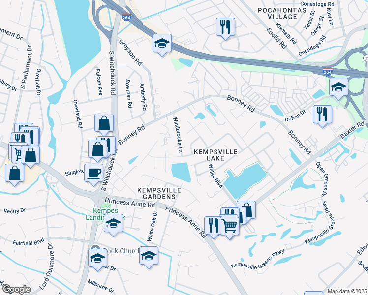 map of restaurants, bars, coffee shops, grocery stores, and more near 4823 Bayshire Court in Virginia Beach