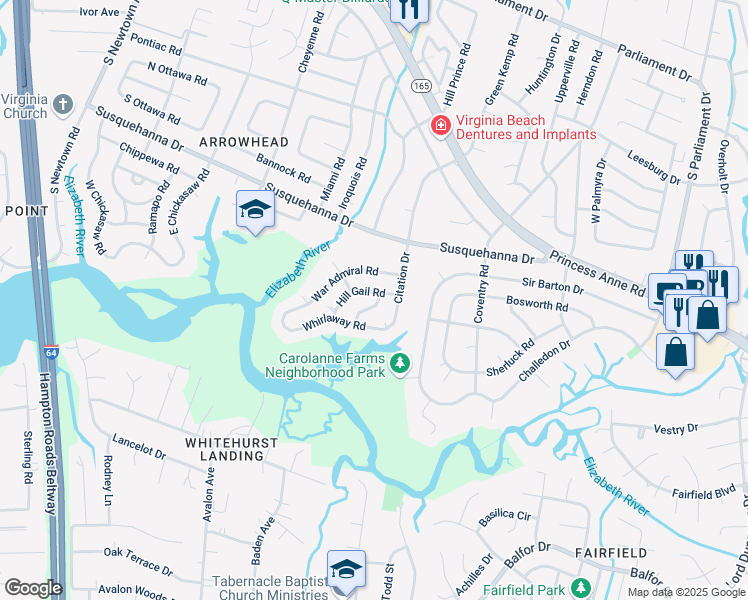 map of restaurants, bars, coffee shops, grocery stores, and more near 5524 Hill Gail Road in Virginia Beach