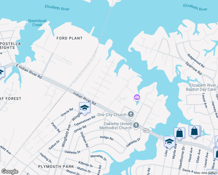 map of restaurants, bars, coffee shops, grocery stores, and more near 2912 Princeton Avenue in Chesapeake