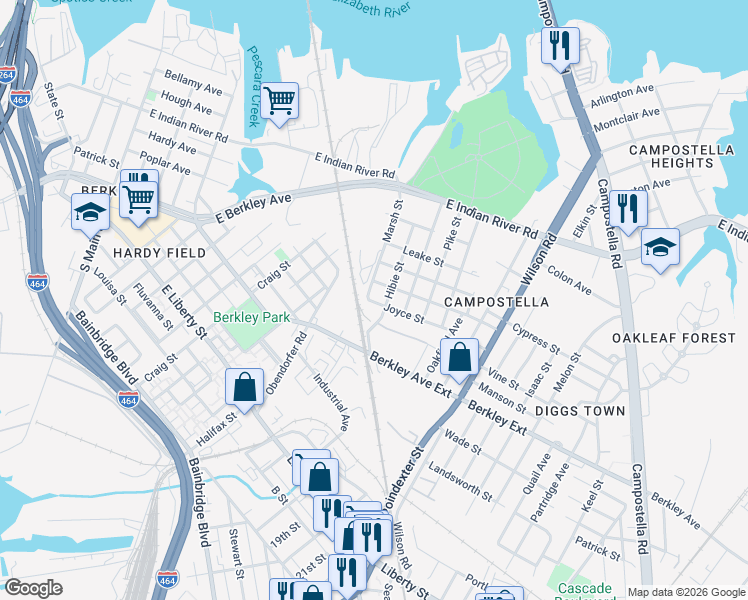 map of restaurants, bars, coffee shops, grocery stores, and more near 1500 Marsh Street in Norfolk