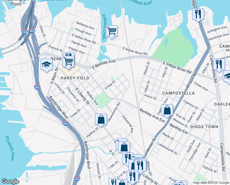 map of restaurants, bars, coffee shops, grocery stores, and more near 426 Middlesex Street in Norfolk