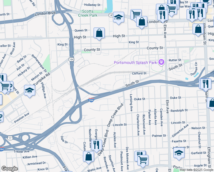 map of restaurants, bars, coffee shops, grocery stores, and more near 2212 Rose Avenue in Portsmouth