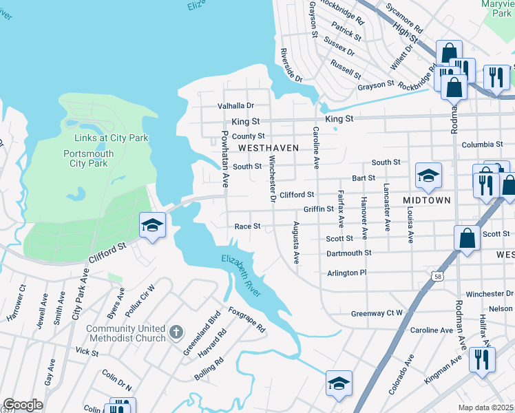map of restaurants, bars, coffee shops, grocery stores, and more near 4516 Griffin Street in Portsmouth