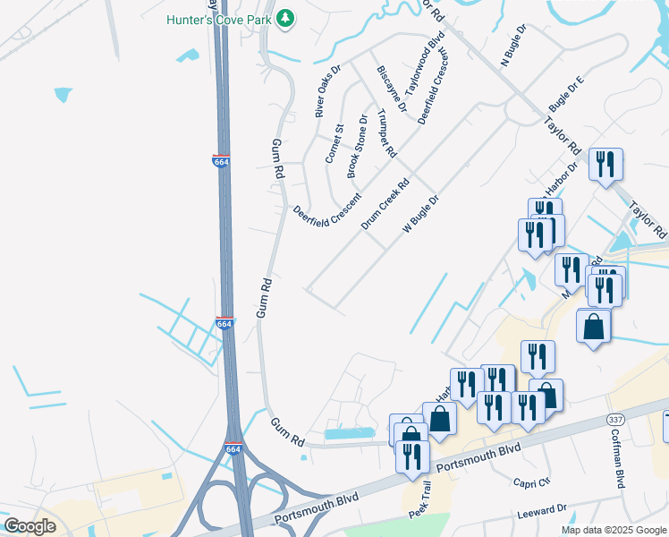 map of restaurants, bars, coffee shops, grocery stores, and more near 2543 Drum Creek Road in Chesapeake