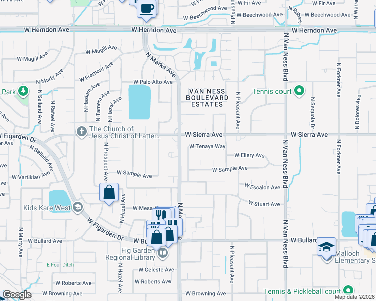 map of restaurants, bars, coffee shops, grocery stores, and more near 2772 West Tenaya Avenue in Fresno