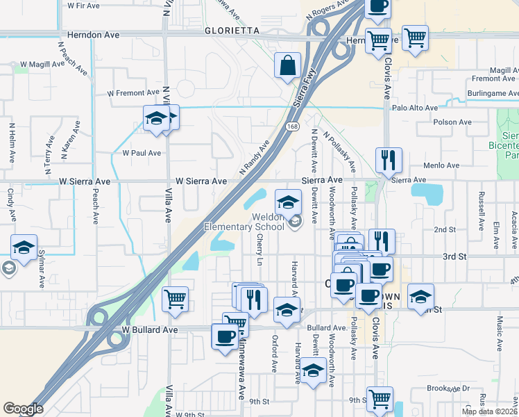 map of restaurants, bars, coffee shops, grocery stores, and more near 104 Oxford Avenue in Clovis