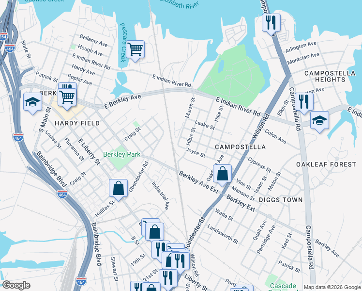 map of restaurants, bars, coffee shops, grocery stores, and more near 1500 Marsh Street in Norfolk