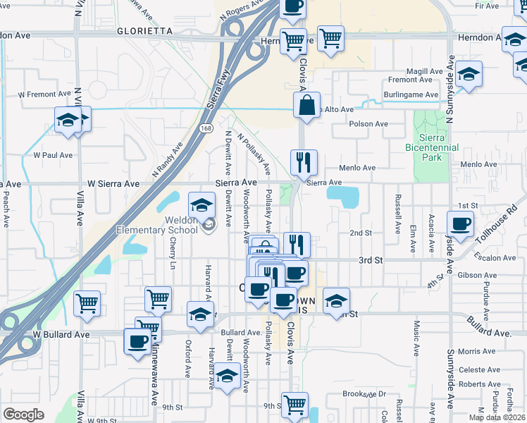 map of restaurants, bars, coffee shops, grocery stores, and more near 511 1st Street in Clovis