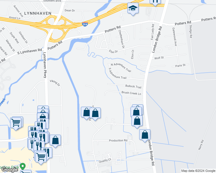 map of restaurants, bars, coffee shops, grocery stores, and more near 2457 Bullock Trail in Virginia Beach