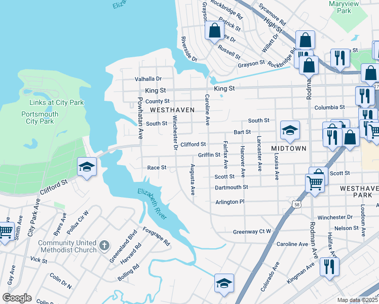 map of restaurants, bars, coffee shops, grocery stores, and more near 4320 Clifford Street in Portsmouth