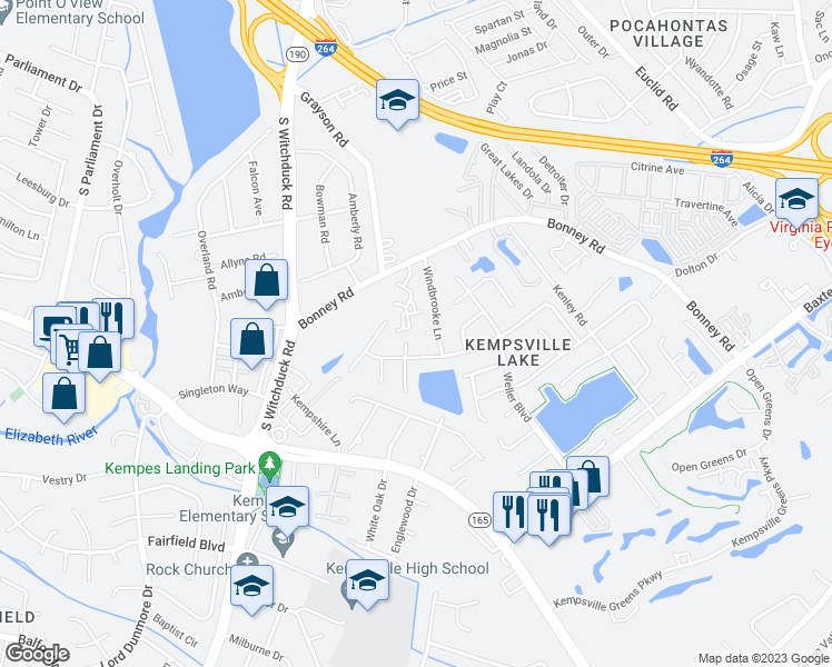 map of restaurants, bars, coffee shops, grocery stores, and more near 4918 Windbrooke Court in Virginia Beach