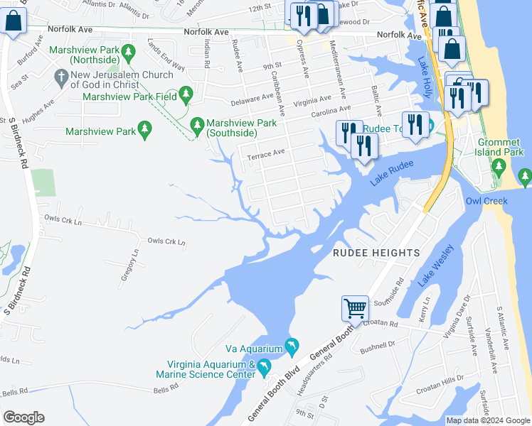 map of restaurants, bars, coffee shops, grocery stores, and more near 28 Rudee Avenue in Virginia Beach
