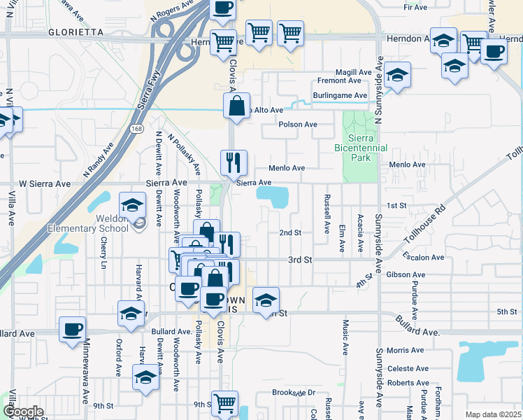 map of restaurants, bars, coffee shops, grocery stores, and more near 115 Osmun Avenue in Clovis