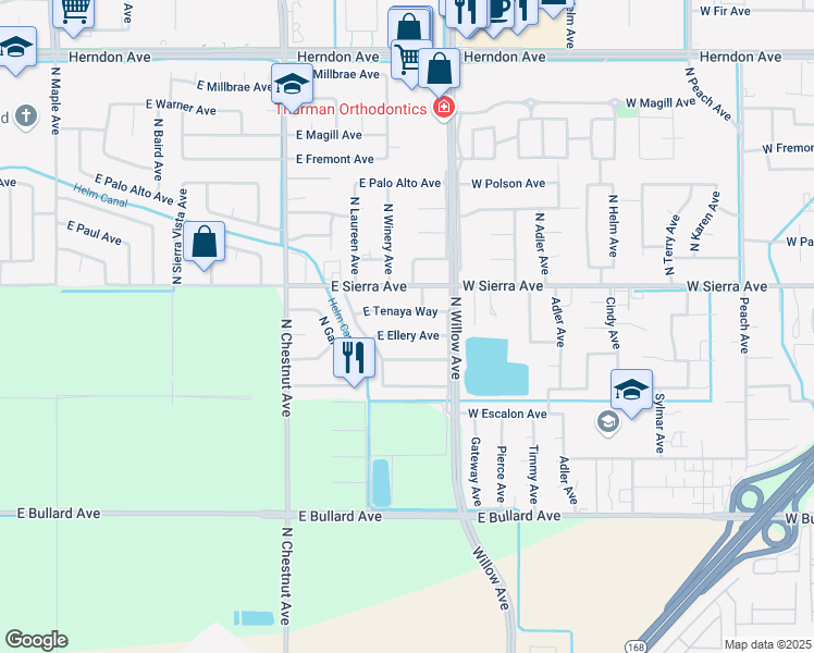map of restaurants, bars, coffee shops, grocery stores, and more near 3253 East Tenaya Way in Fresno