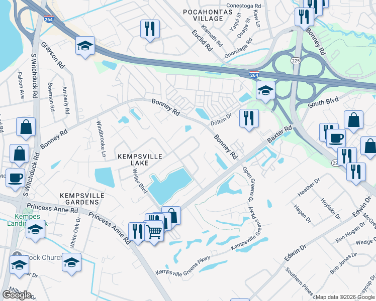 map of restaurants, bars, coffee shops, grocery stores, and more near 4559 Marlwood Way in Virginia Beach